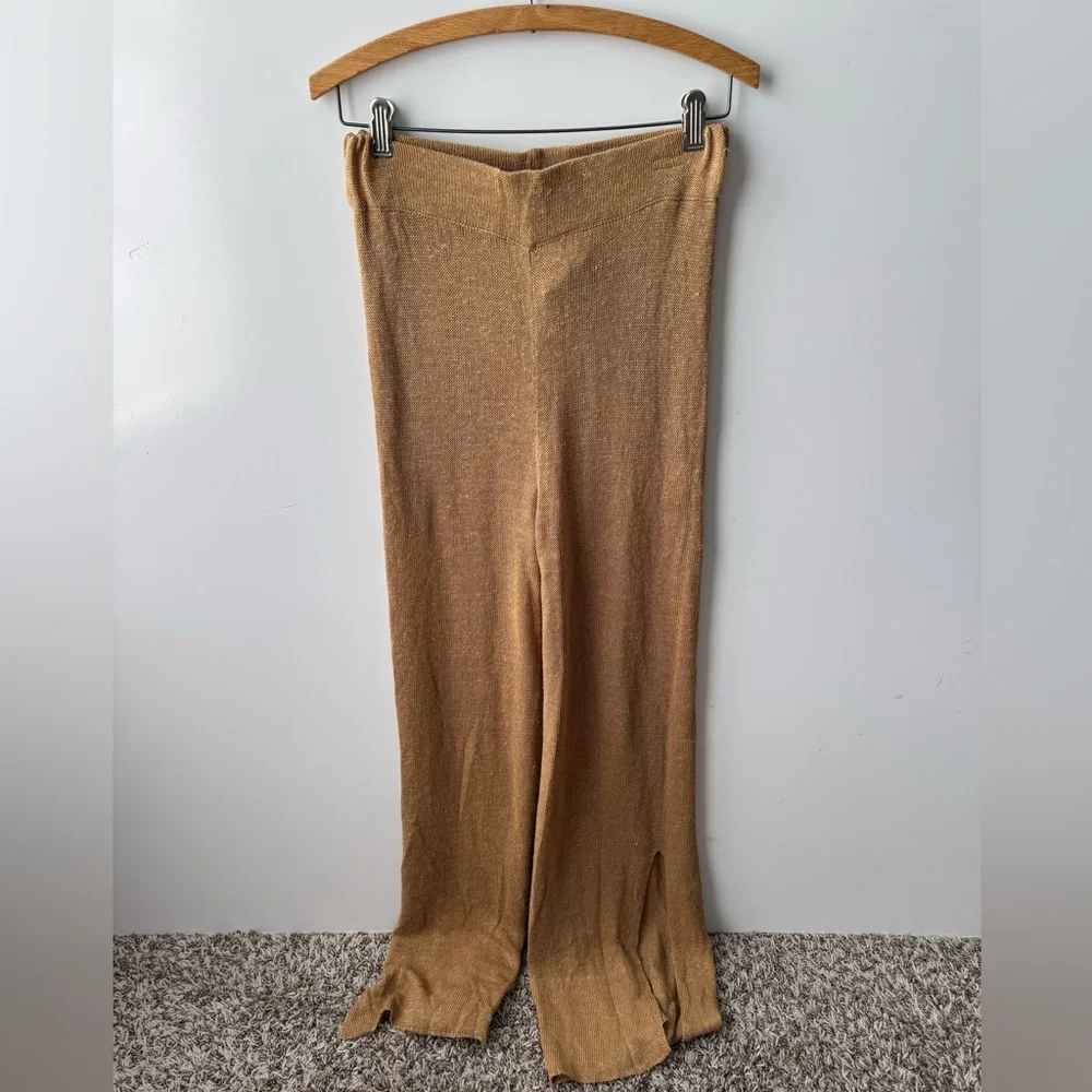 ZARA Knit High Rise Brown Linen Blend Leg Slits Wide Leg‎ Pants Size Small NWT